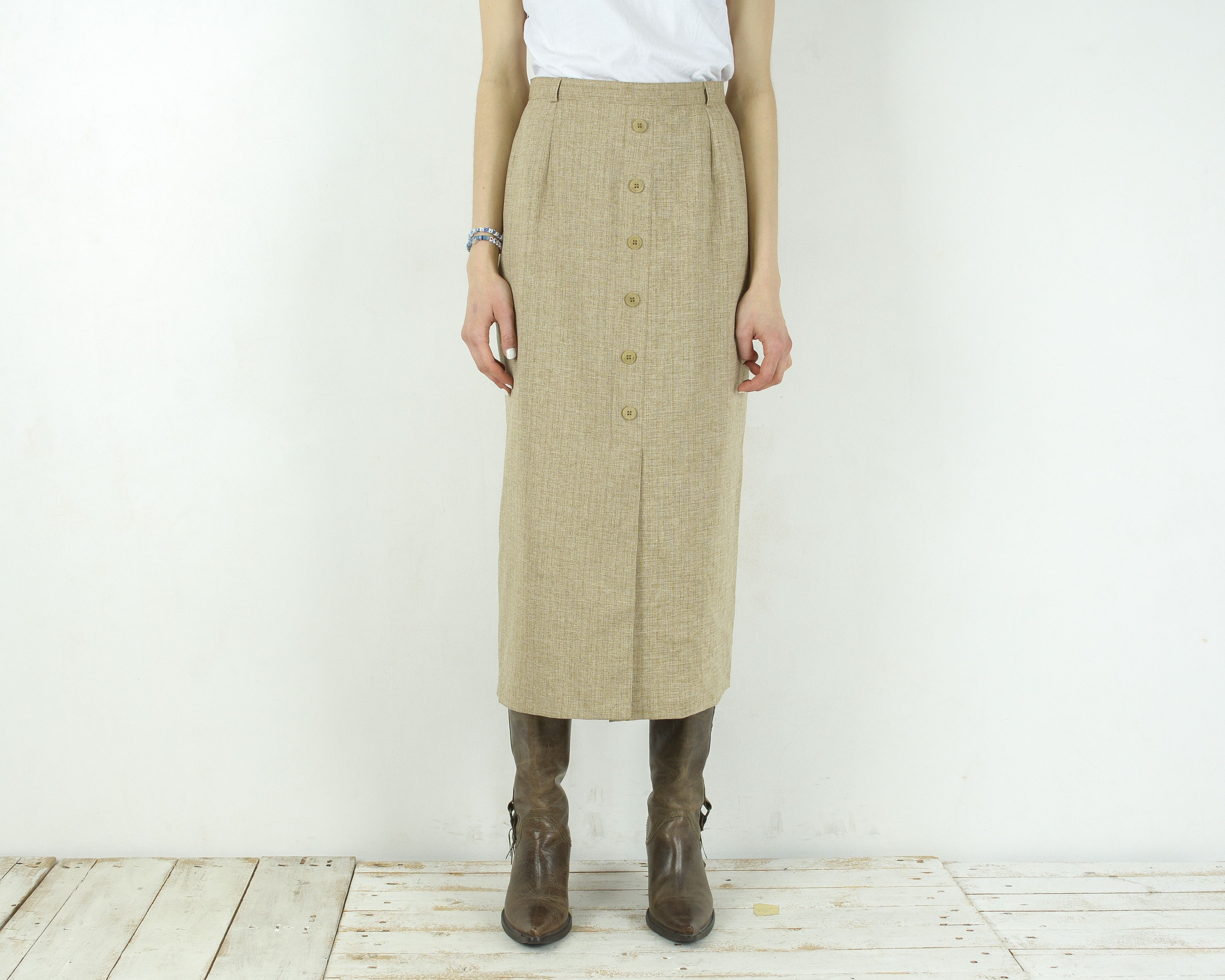 Other × Vintage ENCADEE Straight Midi Slit Skirt Lined Skirt Beige Bottoms Size 30" / US 8 / IT 44 - 2 Thumbnail