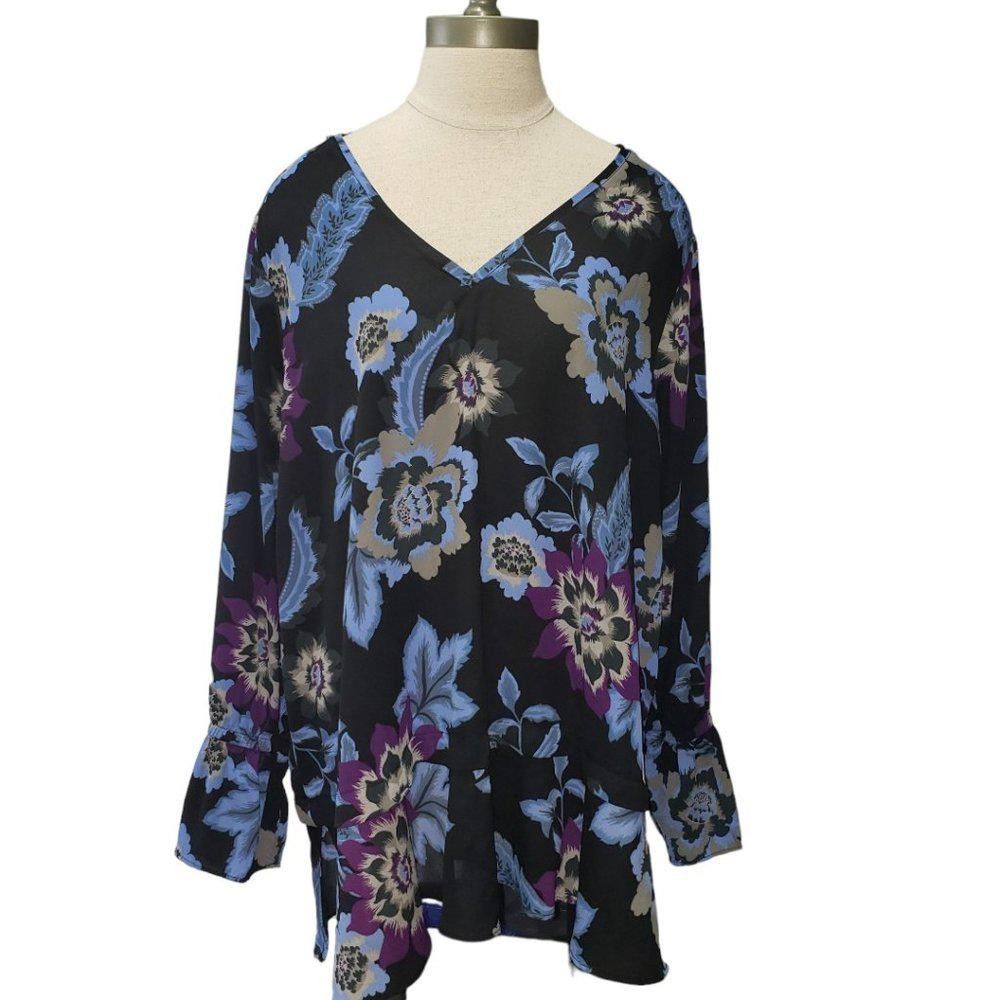 Designer CT486 Joe Fresh + Ladies Black & Blue Floral Blouse 1X Size XL / US 12-14 / IT 48-50 - 1 Thumbnail