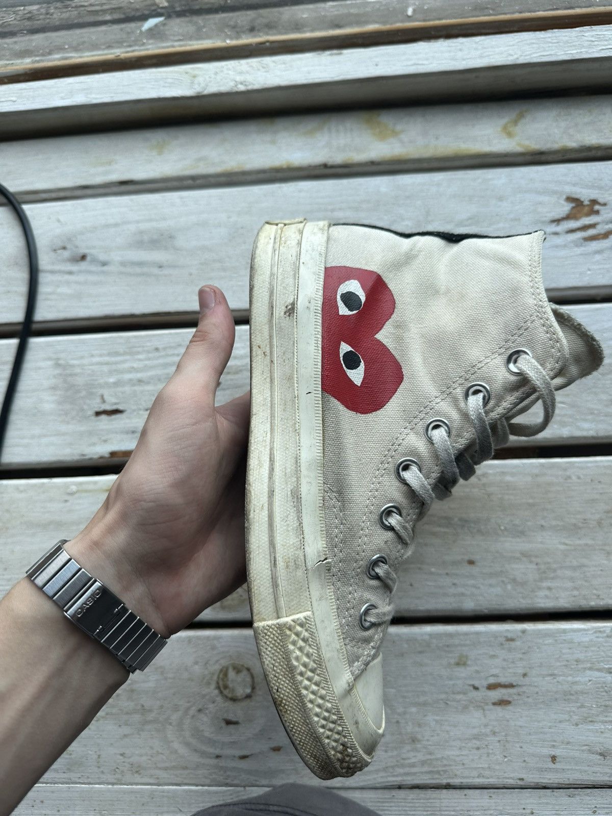 Comme des Garcons PLAY × Converse 🚨RARE BEIGE CDG CONVERSE RED HEART VINTAGE DISTRESS TRUE Size US 7.5 / IT 37.5 - 2 Thumbnail