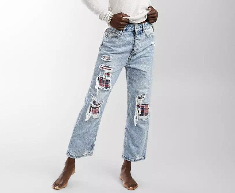 Free People Patch Plaid 90s Boyfriend Denim Jeans 27