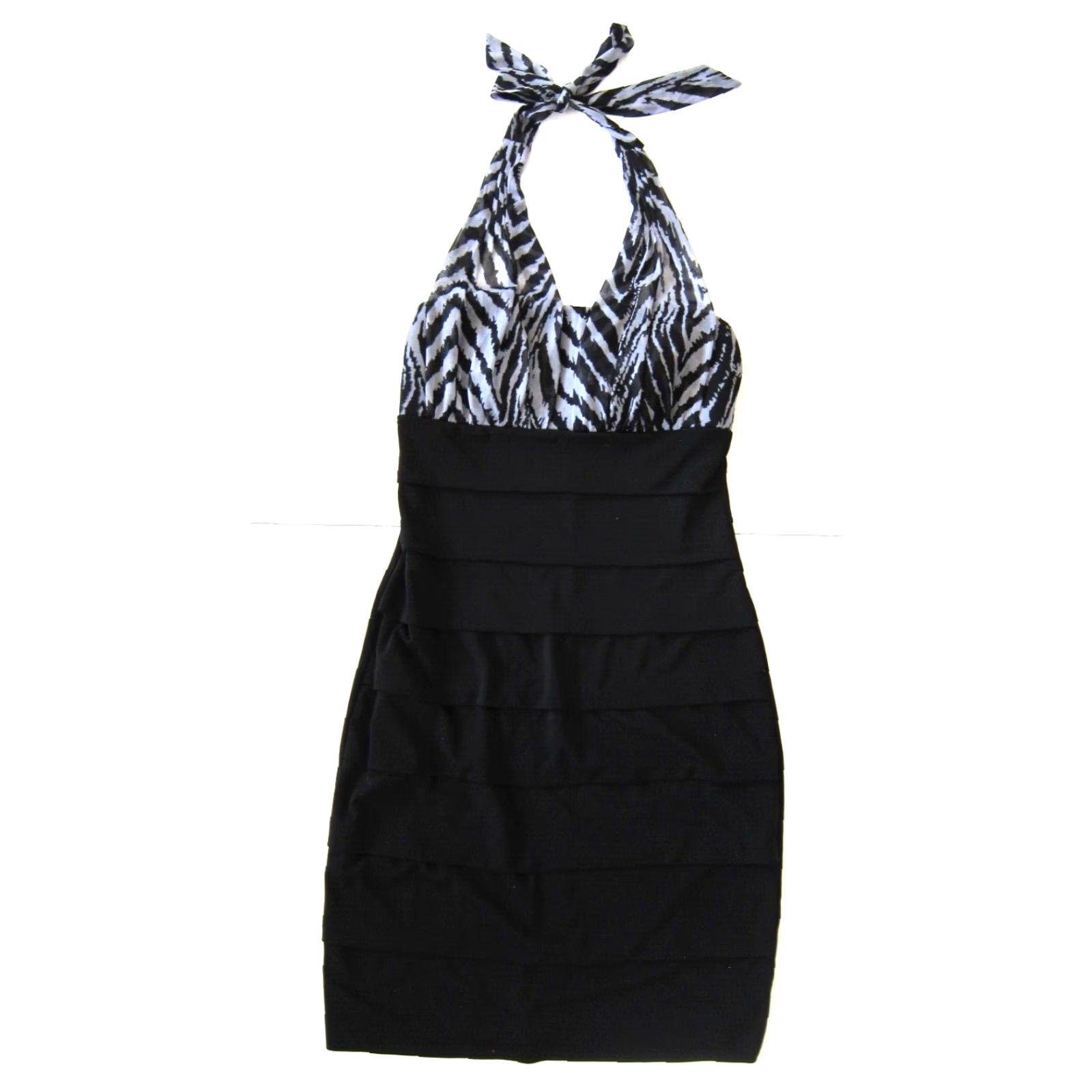 Vintage En Focus Studio Stretch Black Zebra Print Ruffle Bodycon Halter Dress 4 Size L / US 10 / IT 46 - 8 Thumbnail