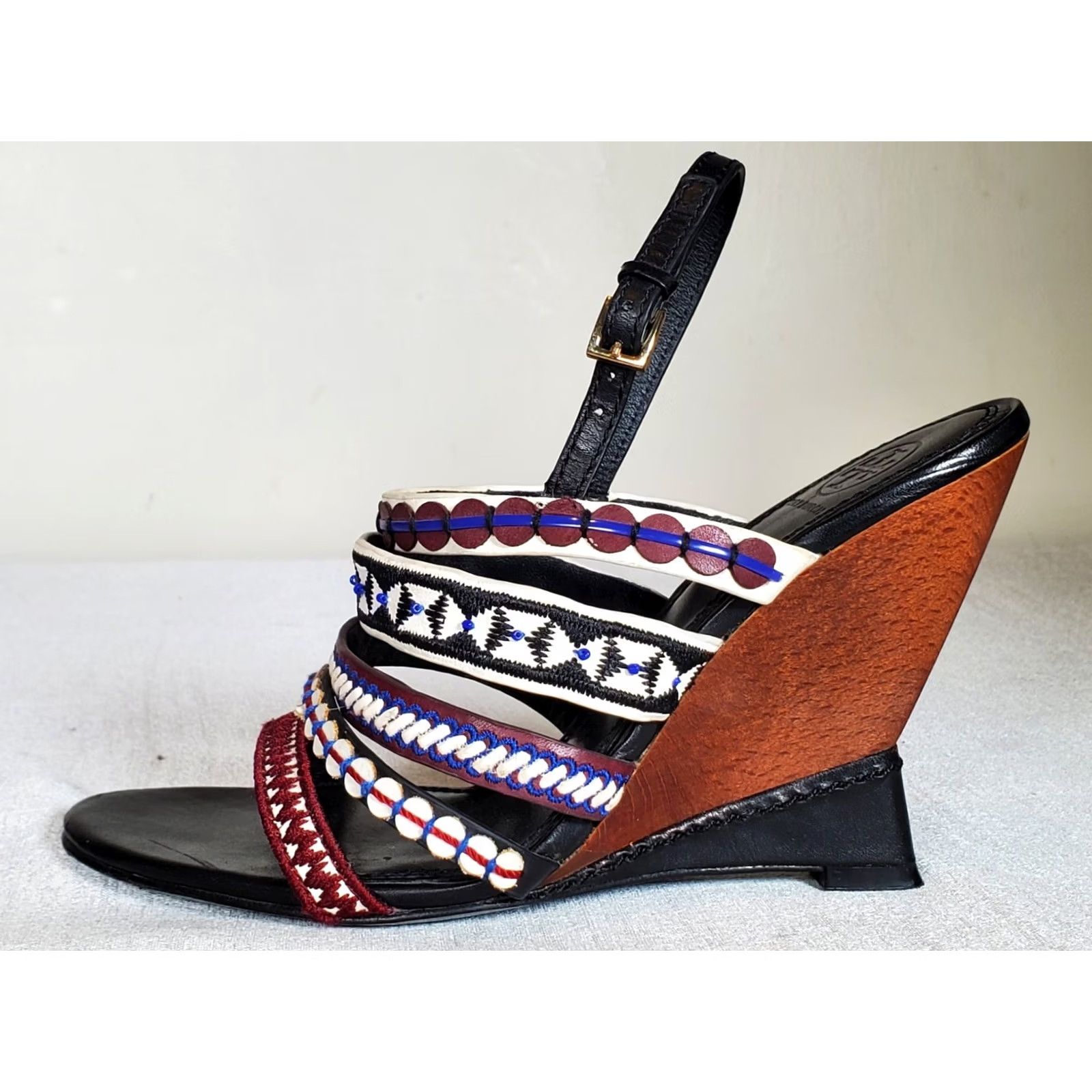 Tory Burch Tory Burch Strappy Womens Red White Blue Black Multi Mixed Trims Leather 100mm Wedge Sandals Women Size US 8 / IT 38 - 5 Thumbnail