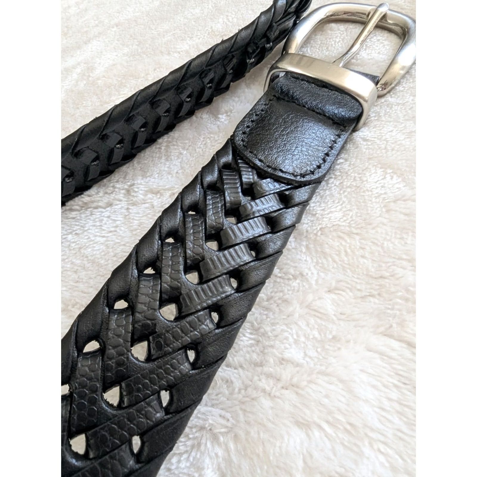 Vintage Black Genuine Leather Woven Belt Women's Size 32 Boho Braided Silver Buckle EUC Size ONE SIZE - 2 Thumbnail