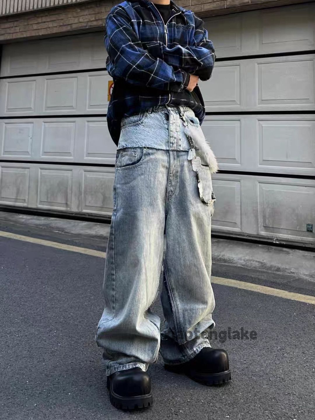 Unisex washed faded double waist loose hiphop jeans