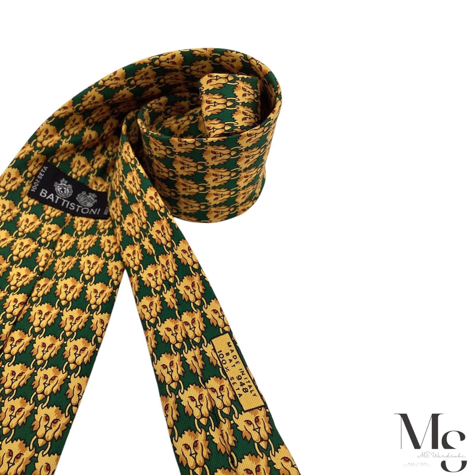 Battistoni BATTISTONI XL BAT 948 Green Yellow Lion Head Print Silk Tie Size ONE SIZE - 5 Thumbnail