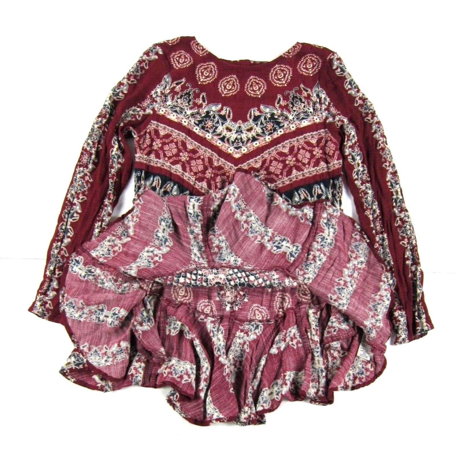 Free People Free People Red Black Ivory Batik Floral Long Sleeve Open Back Dress S-M Size S / US 4 / IT 40 - 6 Thumbnail