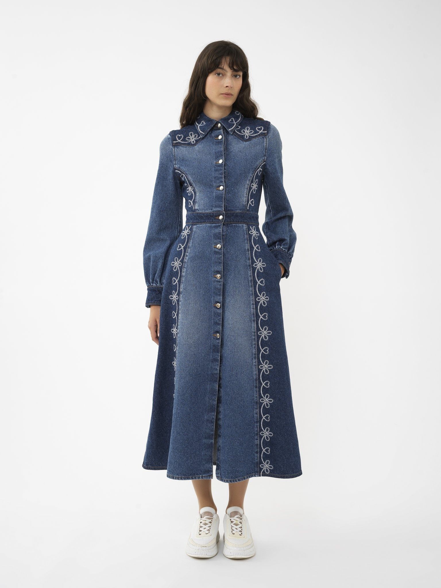 Chloe o1loc1c10425 Embroidered Denim Shirt Dress in Blue Size L / US 10 / IT 46 - 2 Thumbnail