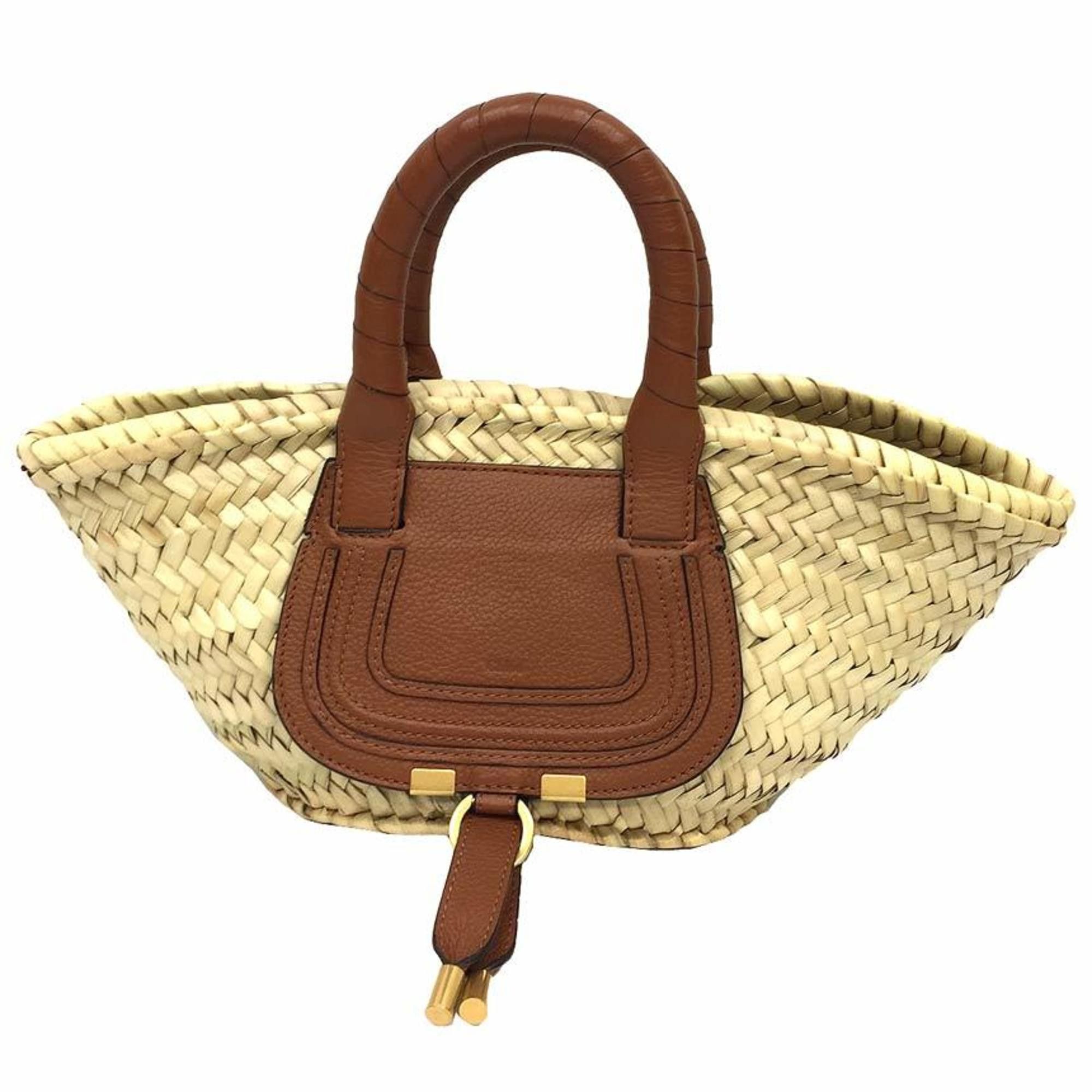 image of Chloé Chloe Marcie Handbraid Raffia Grain Calf Leather Basket Tan Brown Bag Aq7444, Women's