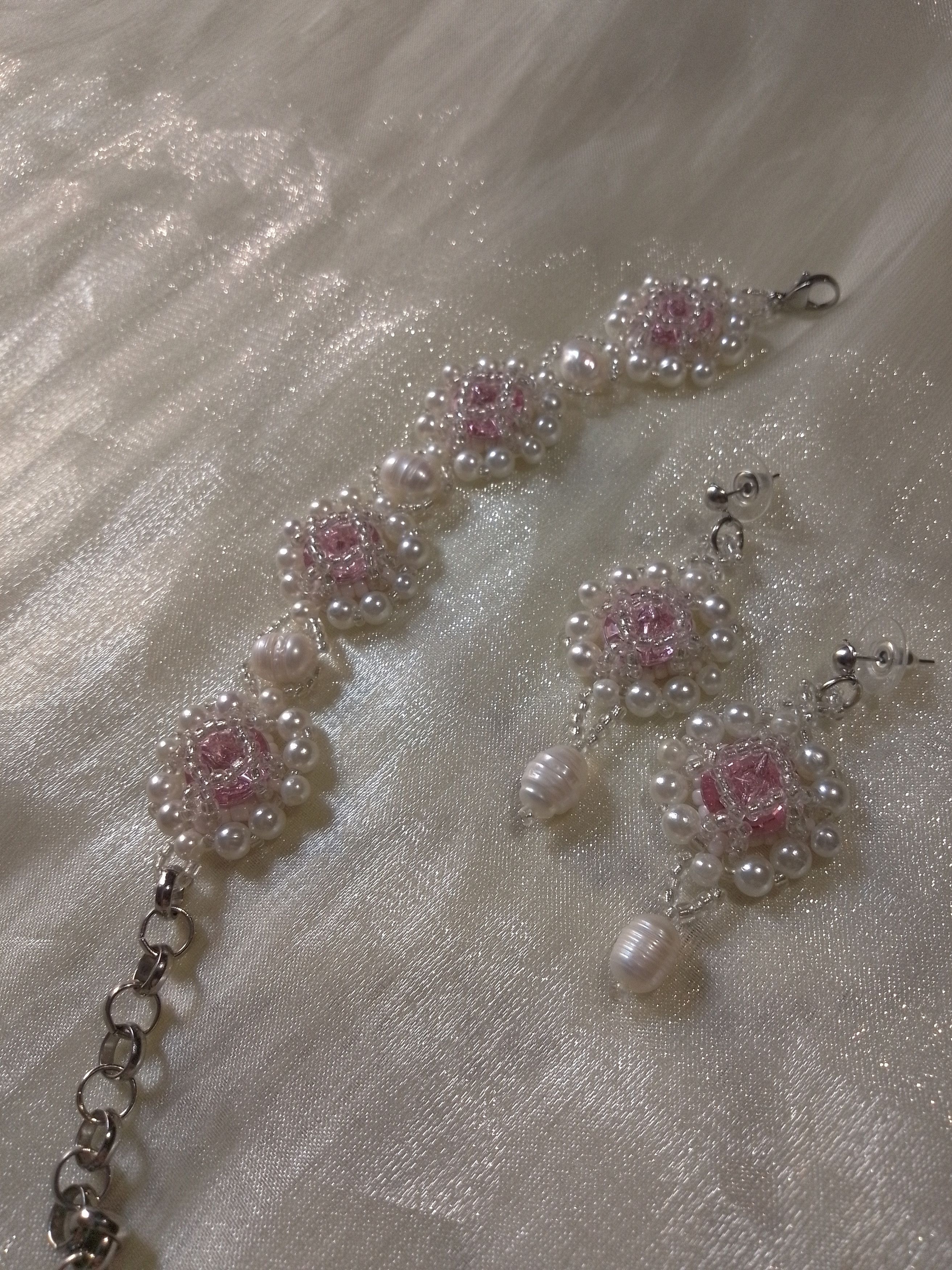 Handmade Jewelery Set Bracelet earrings pink zircons natural pearls Size ONE SIZE - 7 Thumbnail