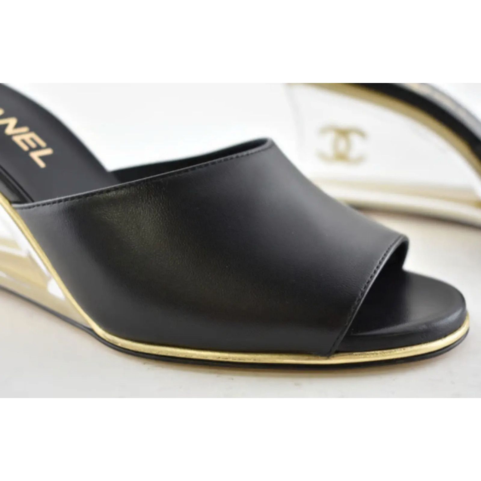 Chanel Chanel 20S Black Lambskin Clear Gold CC Mules Slide Size US 5.5 / IT 35.5 - 4 Thumbnail