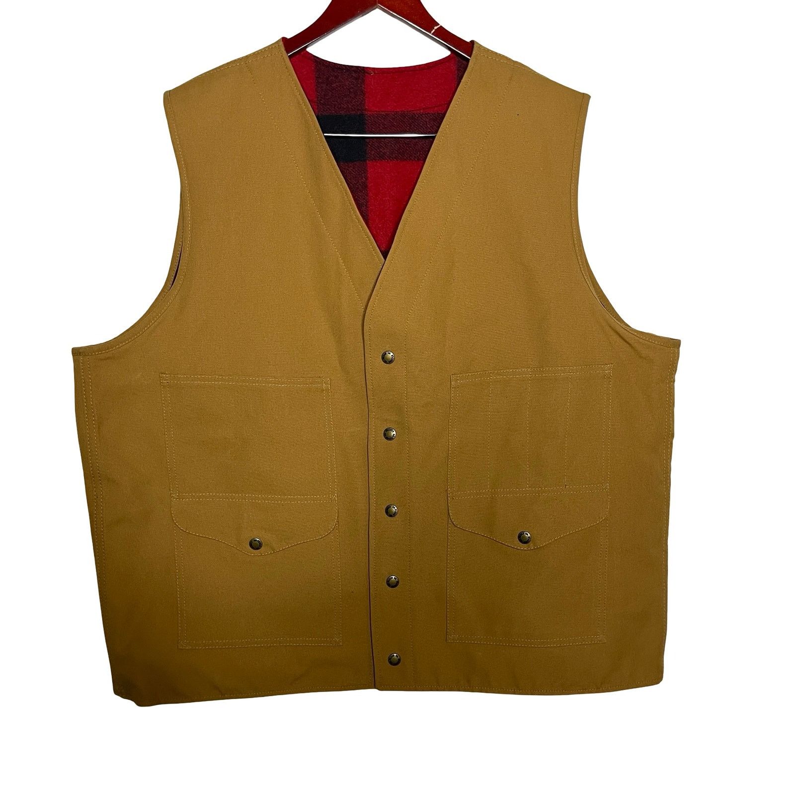 FILSON Reversible Tin Cloth VEST Tan/Red Plaid Mackinaw Wool
