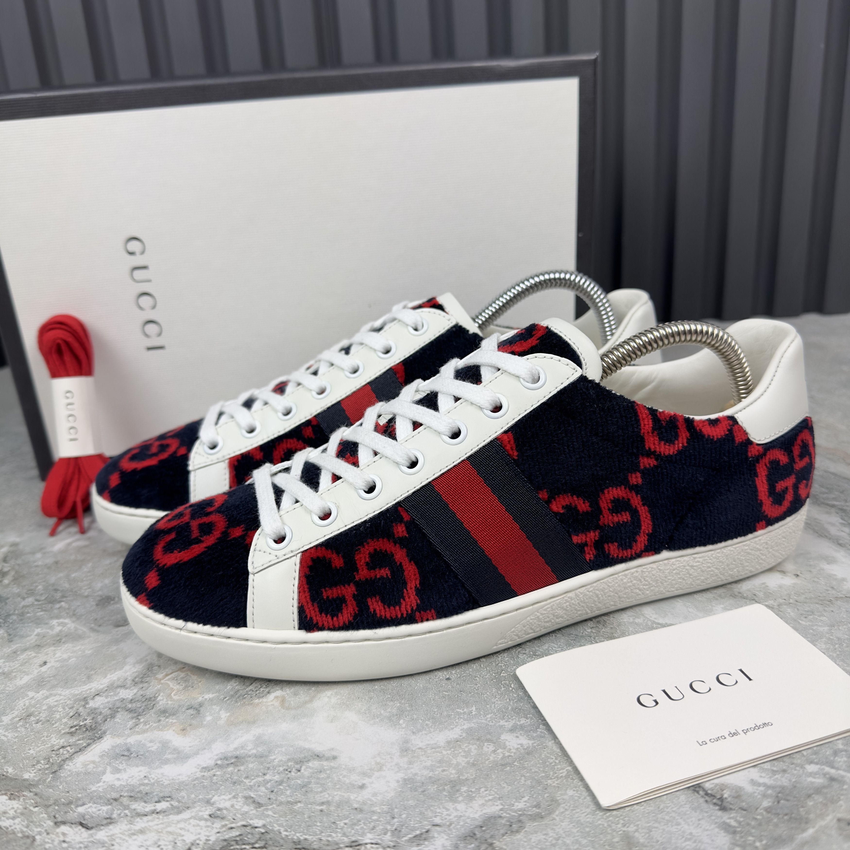 image of Gucci Ace GG Monogram Sneakers Terry Cloth Velvet in Blue Red, Women's (Size 9)