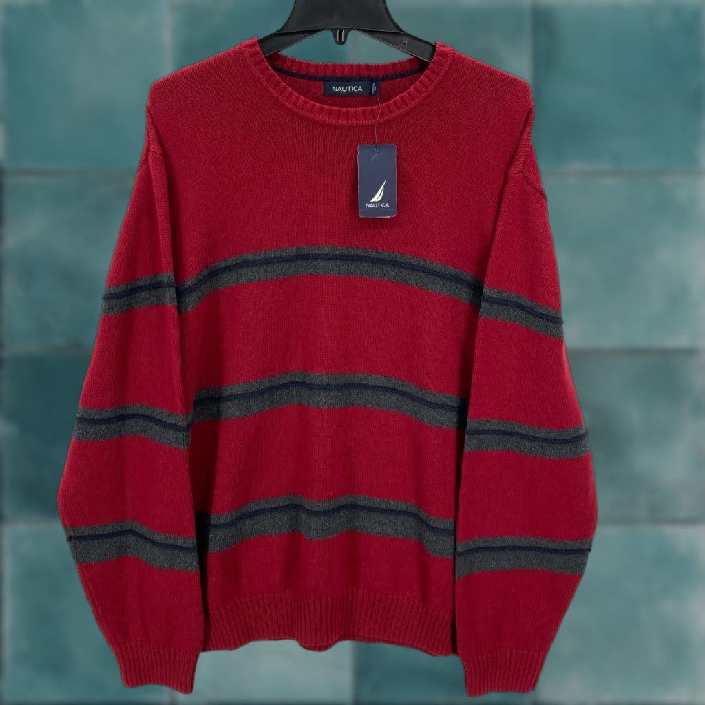 Nautica Nautica Crew Neck Sweater Mens XL Red Gray Striped Heavyweight Casual Coastal Size US XL / EU 56 / 4 - 1 Thumbnail