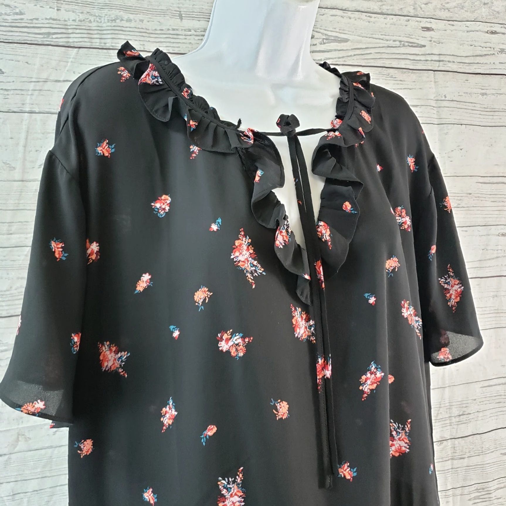 Pinko Chelsea28 Womens Blouse Sz Large Black Pink Floral Ruffle Semi Sheer Size L / US 10 / IT 46 - 2 Thumbnail