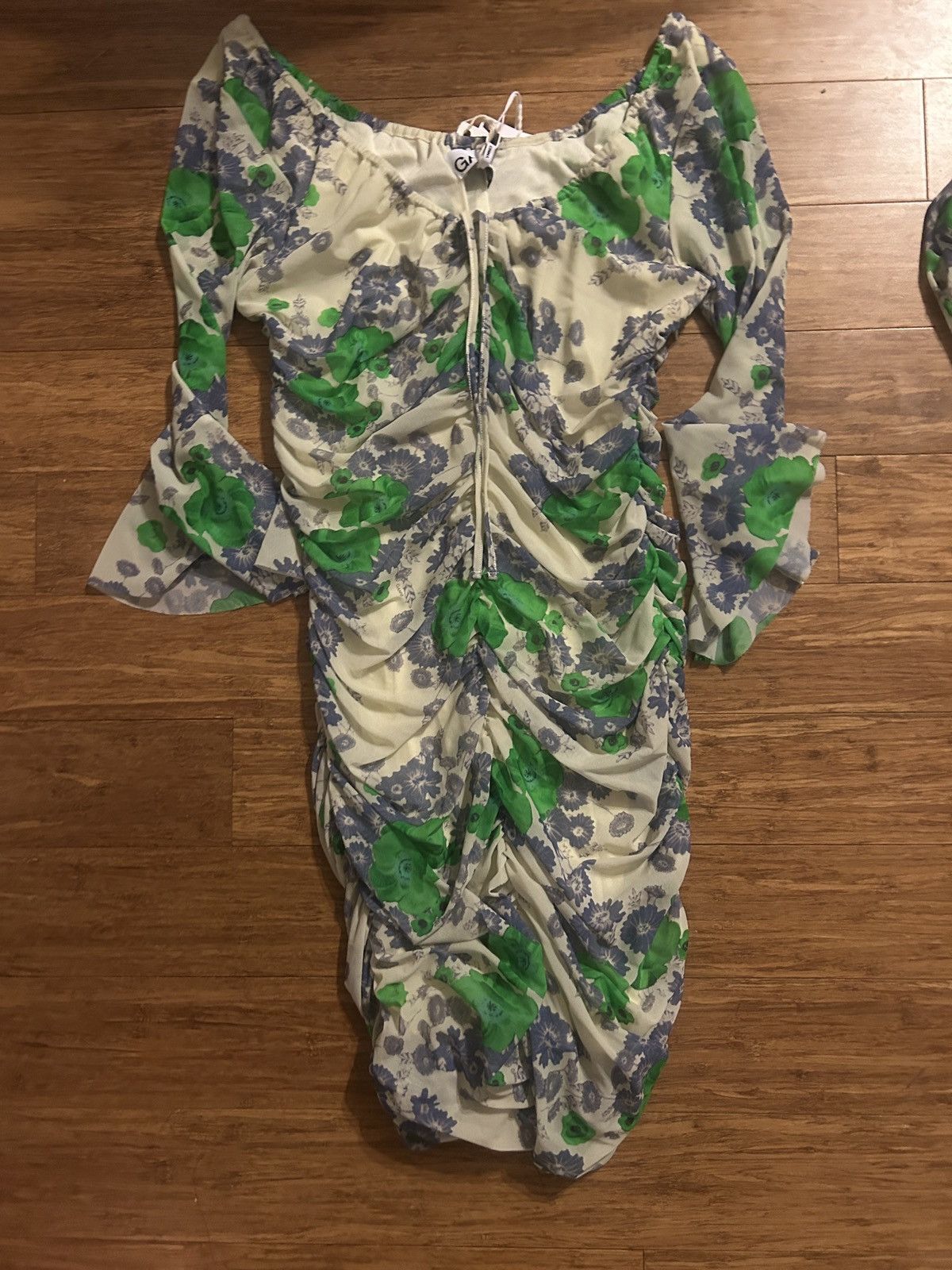 Ganni GANNI Ruched floral-print mesh mini Dress size EU 40 Size S / US 4 / IT 40 - 6 Thumbnail