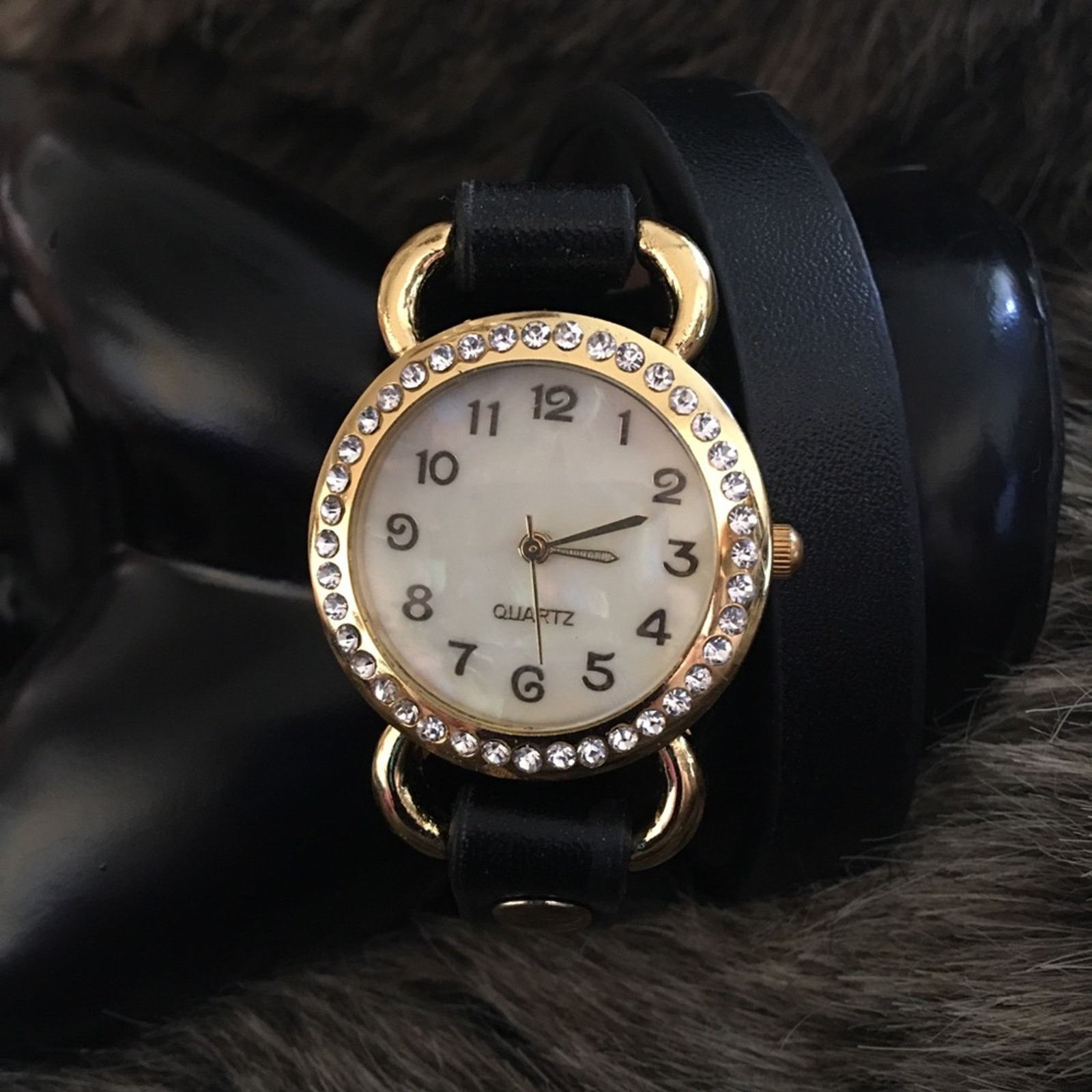 Jewelry Ladies Genuine Leather Long Strap Wrap Watch in Black, Women's