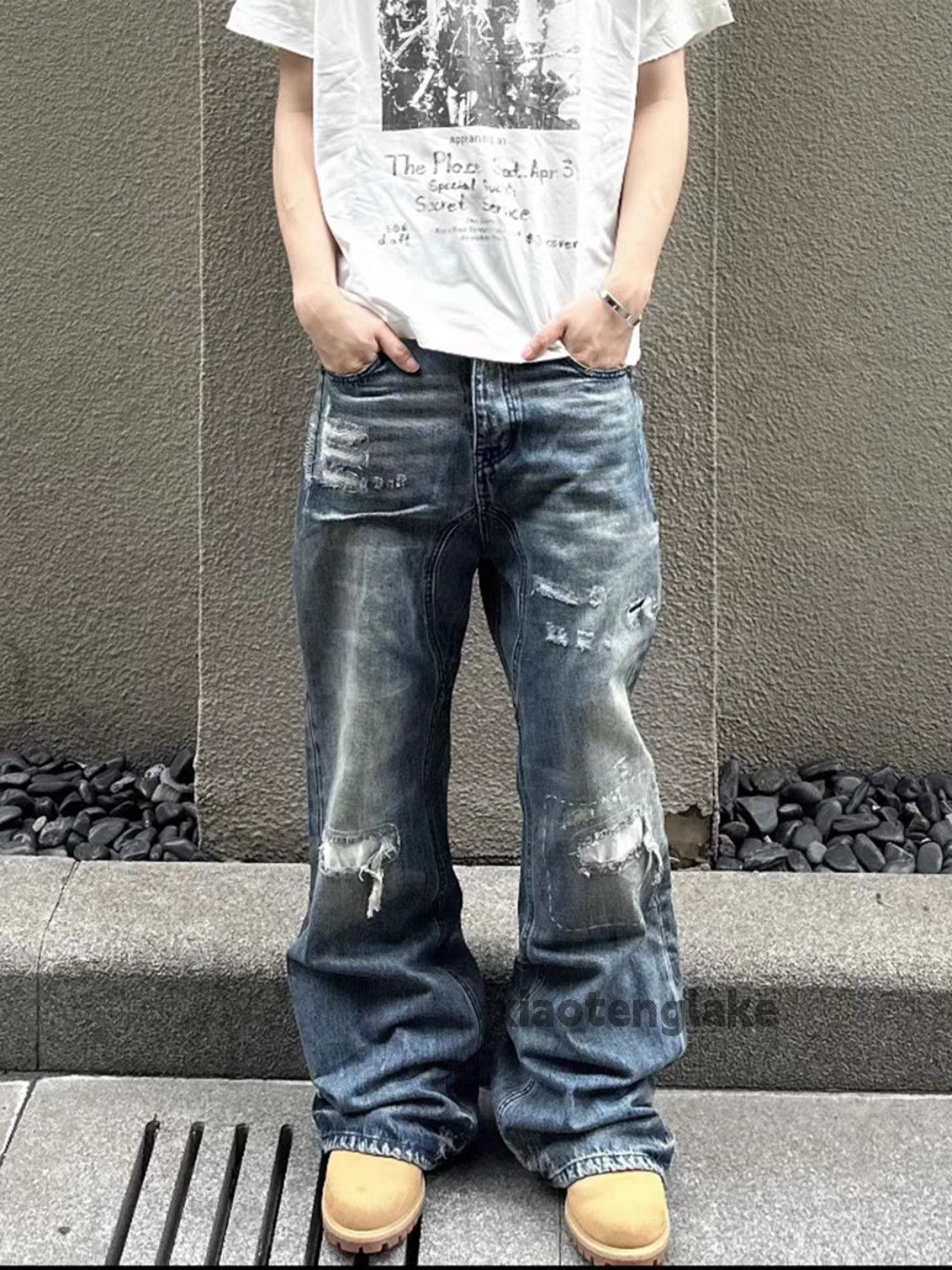 xz washed faded distressed bootcut flared ripped jeans