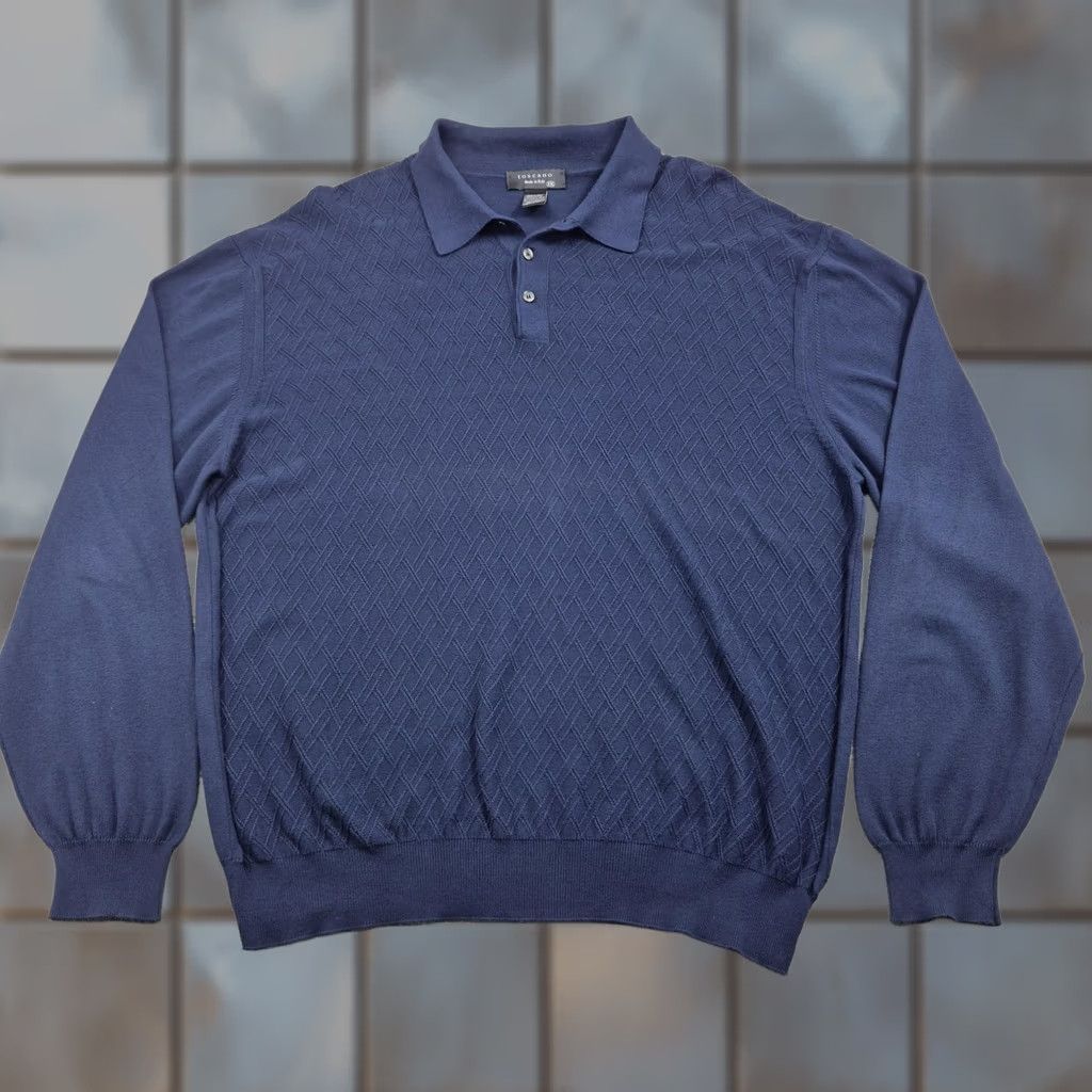 Vintage Toscano Mens 2XL Blue Argyle Knit Pullover Sweater Collared Cotton Rayon Made Italy Size US XXL / EU 58 / 5 - 1 Thumbnail