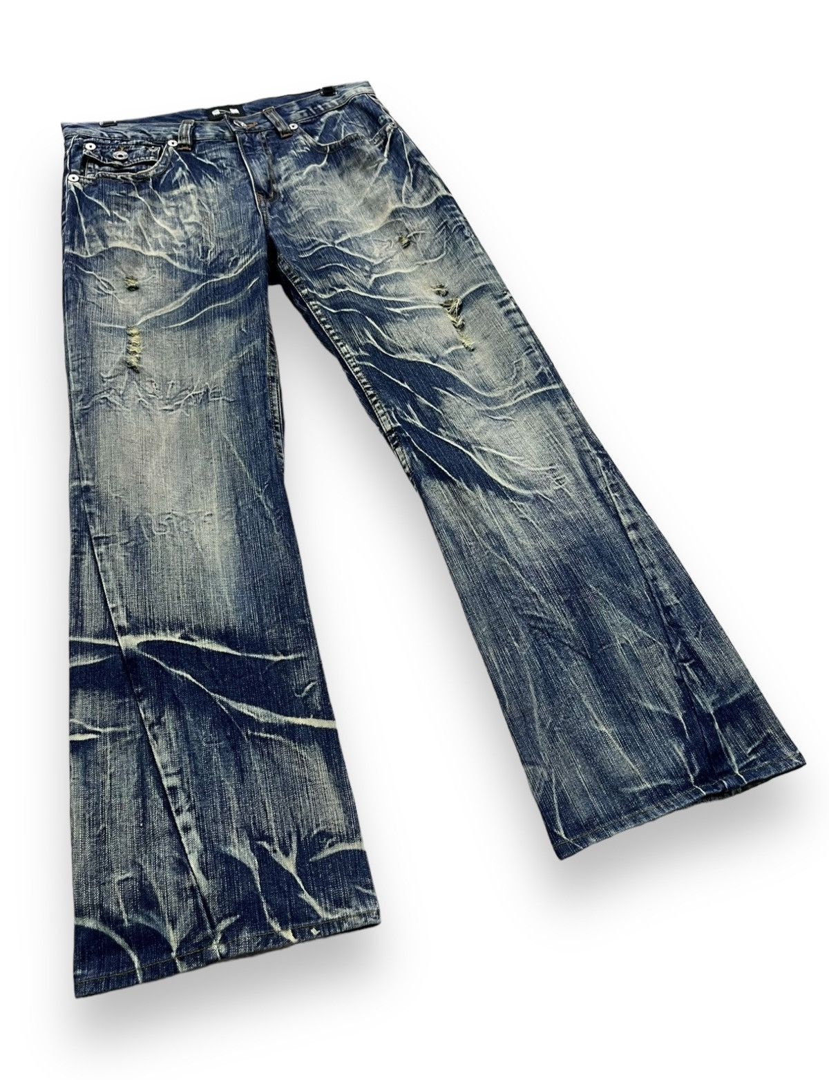 If Six Was Nine NYLAUS Punk Xantho Mud Wash Lightning Whiskered Flare Denim Size US 31 - 5 Thumbnail