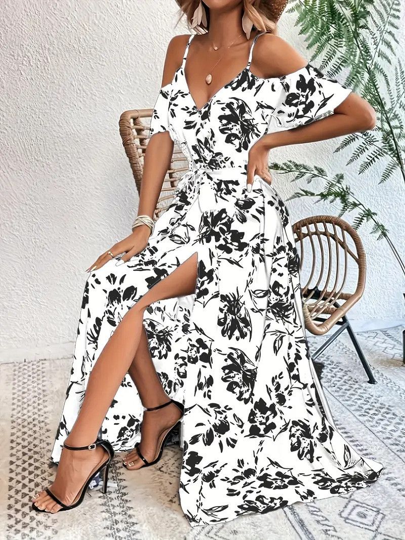 Other Off-Shoulder Split Dress Floral Print Long With Belt dress Size L / US 10 / IT 46 - 3 Thumbnail