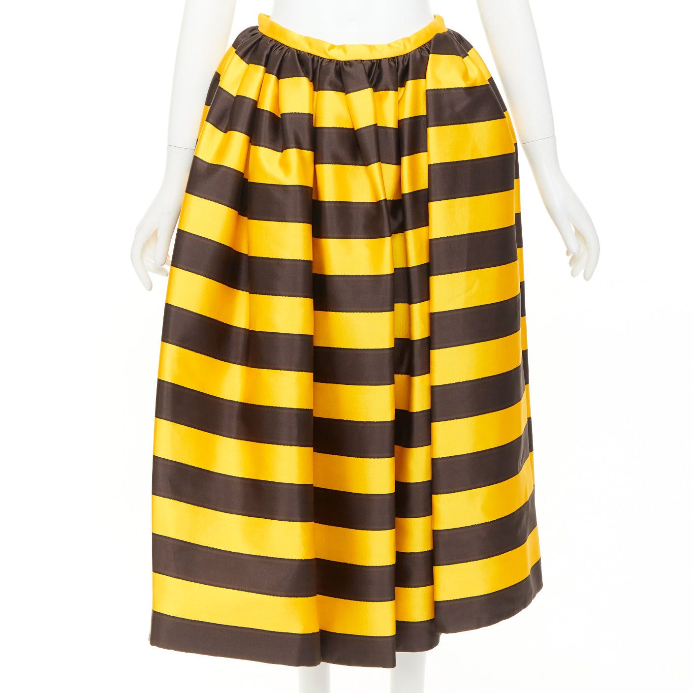Prada rare PRADA 2022 Raf Simons Tropica yellow brown graphic silk wool striped midi full skirt IT42 M Size 28" / US 6 / IT 42 - 1 Thumbnail