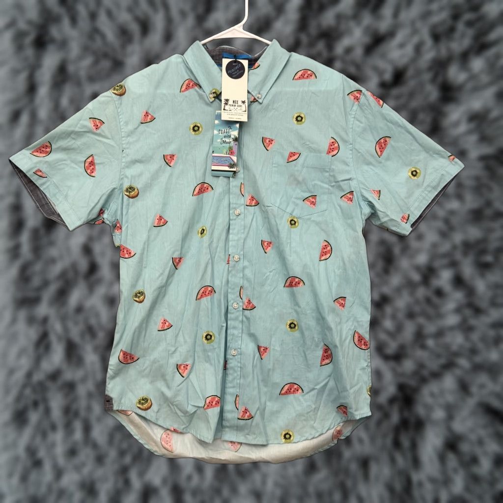 Paradise MBX Paradise Shirt Mens XL Blue Watermelon Kiwi Print Button Up Tropical NWT Size US XL / EU 56 / 4 - 1 Thumbnail