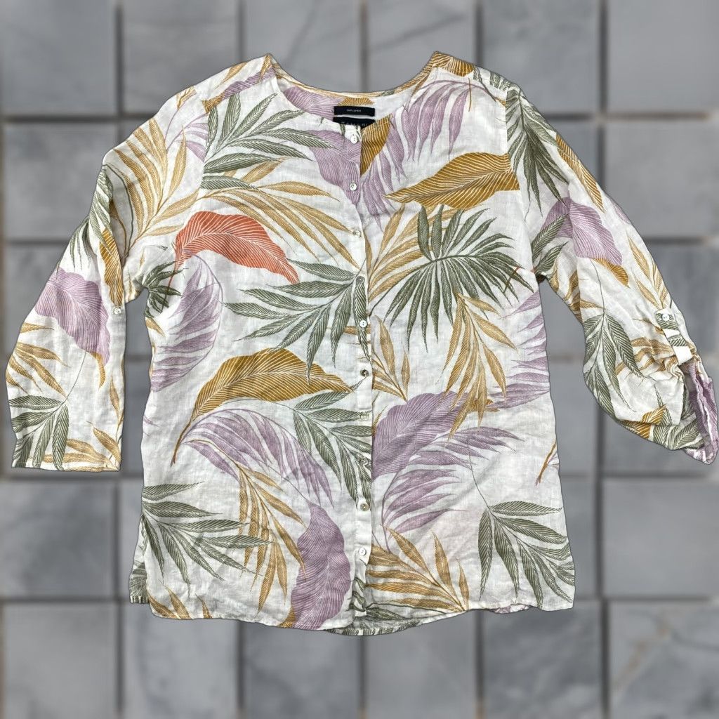 Vintage Mother of Pearl Button-Up Womens 2XL Floral Linen Roll Tab Long Sleeve Shirt Size XXL / US 16-18 / IT 52-54 - 1 Thumbnail