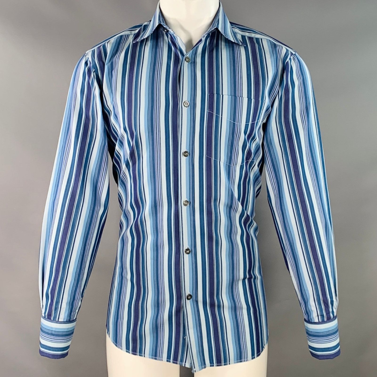 Paul Smith Size S Blue Navy Stripe Cotton French Cuff Long Sleeve Shirt Size US S / EU 44-46 / 1 - 1 Thumbnail
