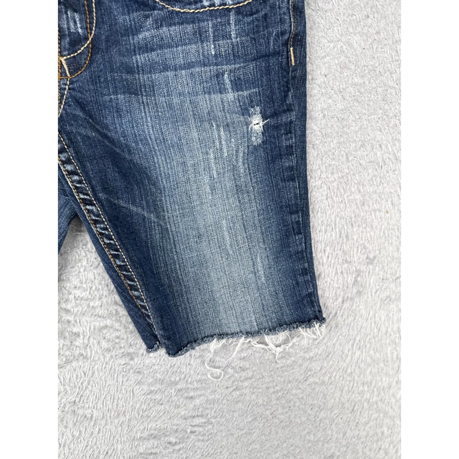 Denime R.E.U.S.E Denim Shorts Womens 28 Blue Cutoff Raw Hem Embroidered Distressed Cross Back Pockets Size 28" / US 6 / IT 42 - 2 Thumbnail