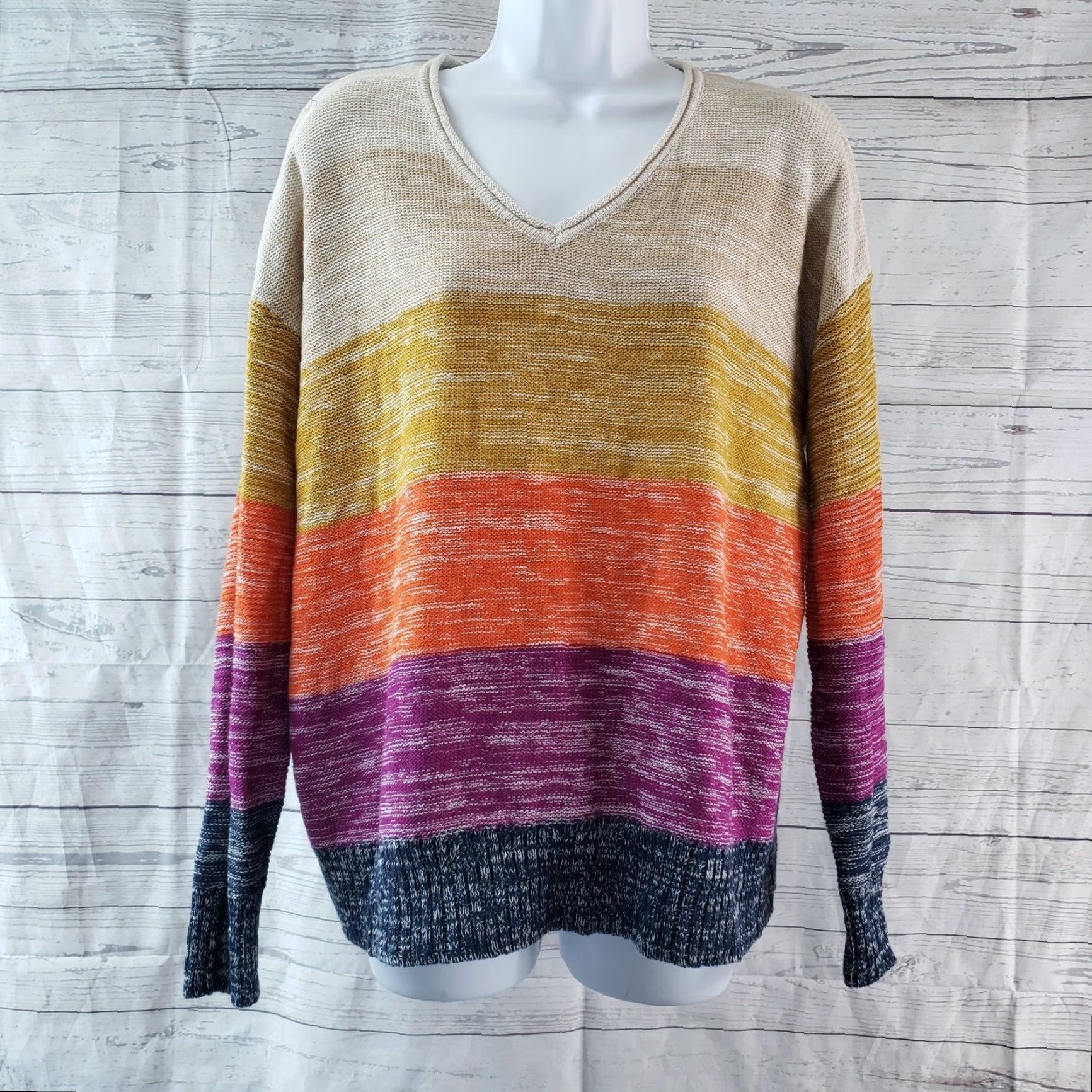 Vintage Margeaux & Ellie Womens Sweater Striped Orange Purple Long Sleeve Size M Pullover Knit Cotton Blend Womens Medium Offshore Size M / US 6-8 / IT 42-44 - 2 Thumbnail