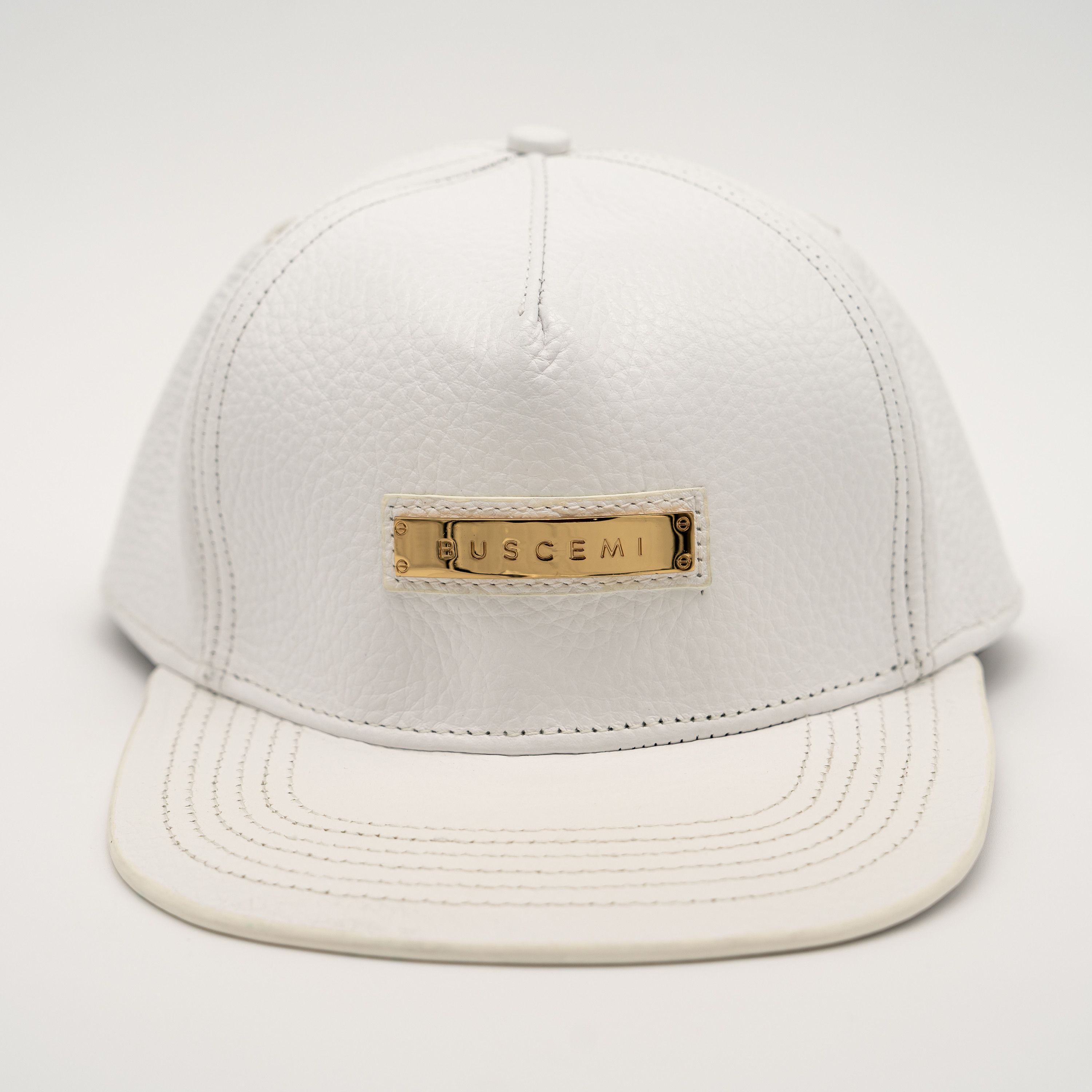 Buscemi Screwback Cap Pebbled Cow Leather White Hat Gold