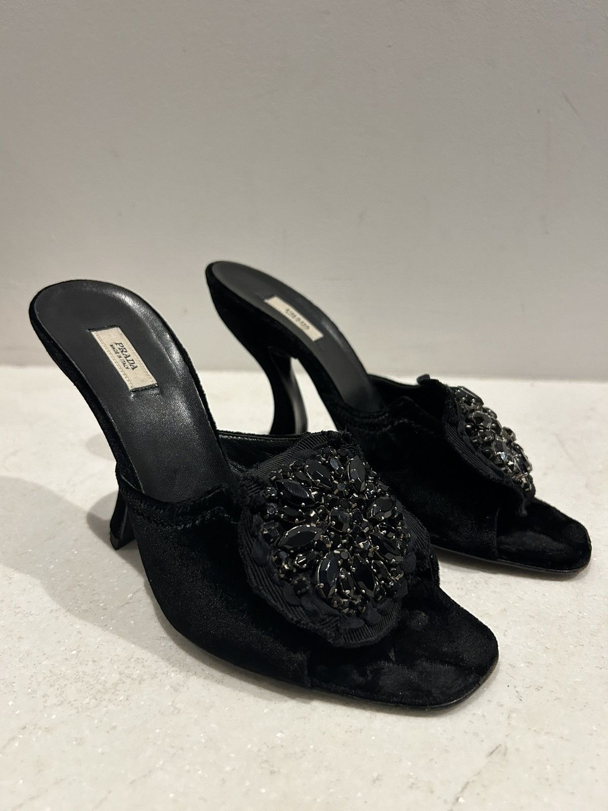 image of Gorgeous Vintage Prada Velvet Heel Shoes W/ Beaded Embellishment in Black, Women's (Size 6.5)