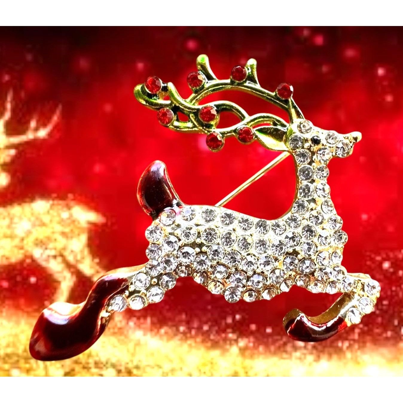 Handmade Reindeer Brooch Pin Rudolph Christmas Eve New Crystal Accent Size ONE SIZE - 11 Thumbnail