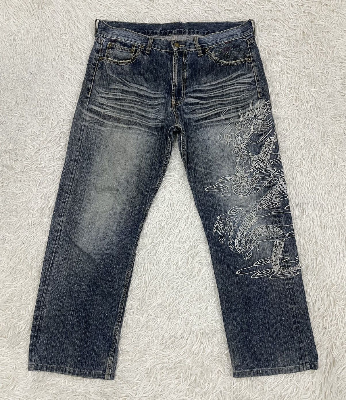 Japanese Brand Dragon Embroidered & Flowers Printed Flare Jeans Pant Size US 36 / EU 52 - 1 Thumbnail