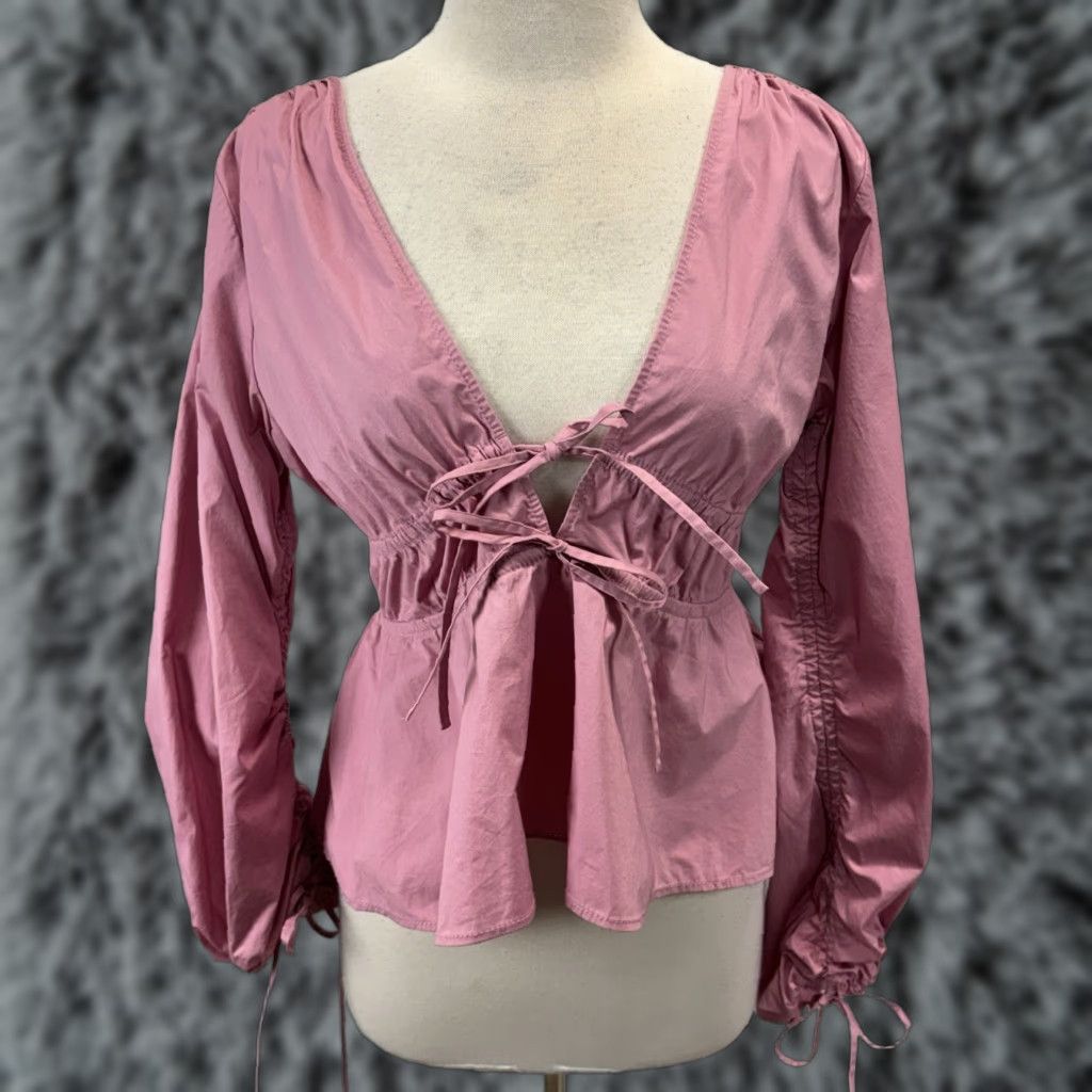 Staud STAUD Shelby Peplum Top Shirt Medium Pink Poplin 3/4 Sleeve V-Neck Blouse Womens Size M / US 6-8 / IT 42-44 - 1 Thumbnail