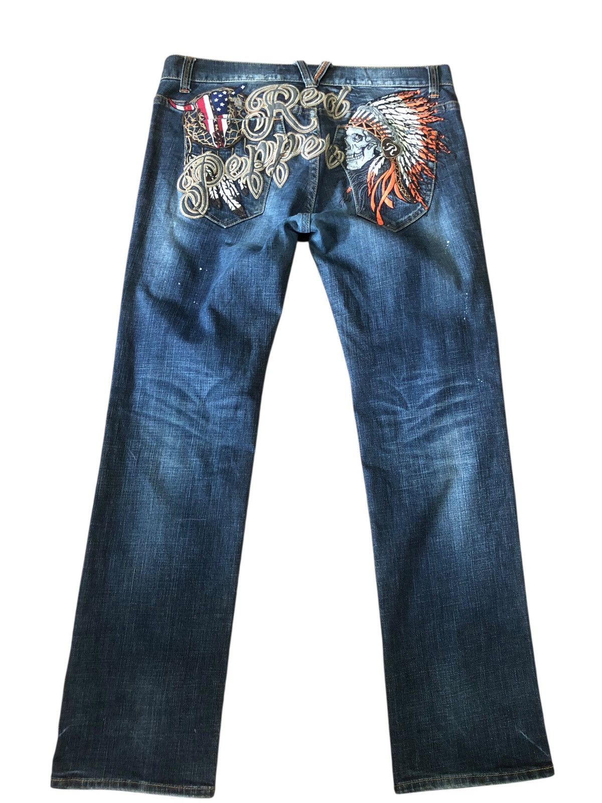 If Six Was Nine Red Pepper Skull Embroidered Motif Denim Pants Size US 38 / EU 54 - 1 Thumbnail