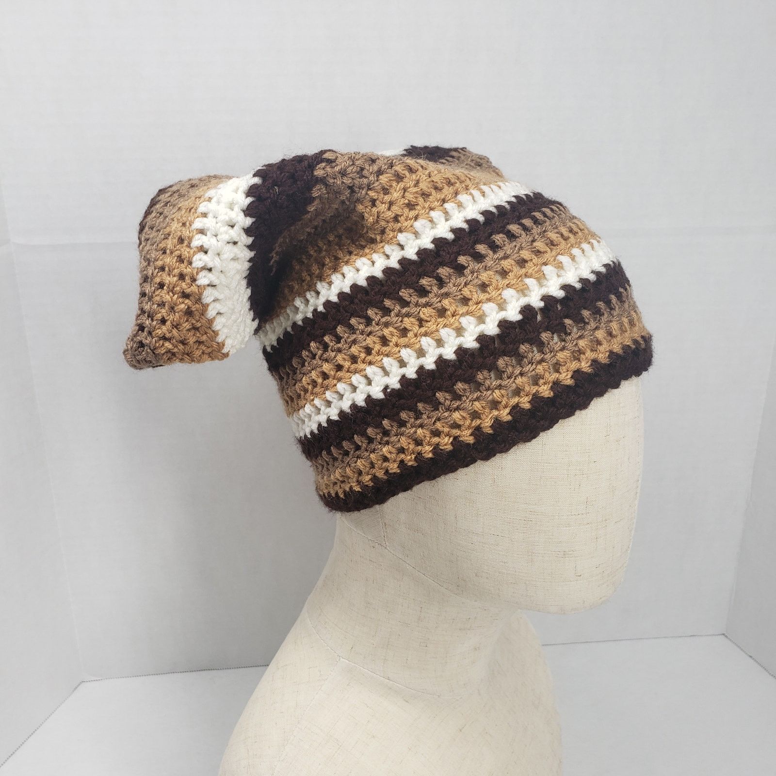 Handmade Crochet Slouchy Beanie Hat Brown Striped Handmade Dreadlock Size ONE SIZE - 1 Thumbnail