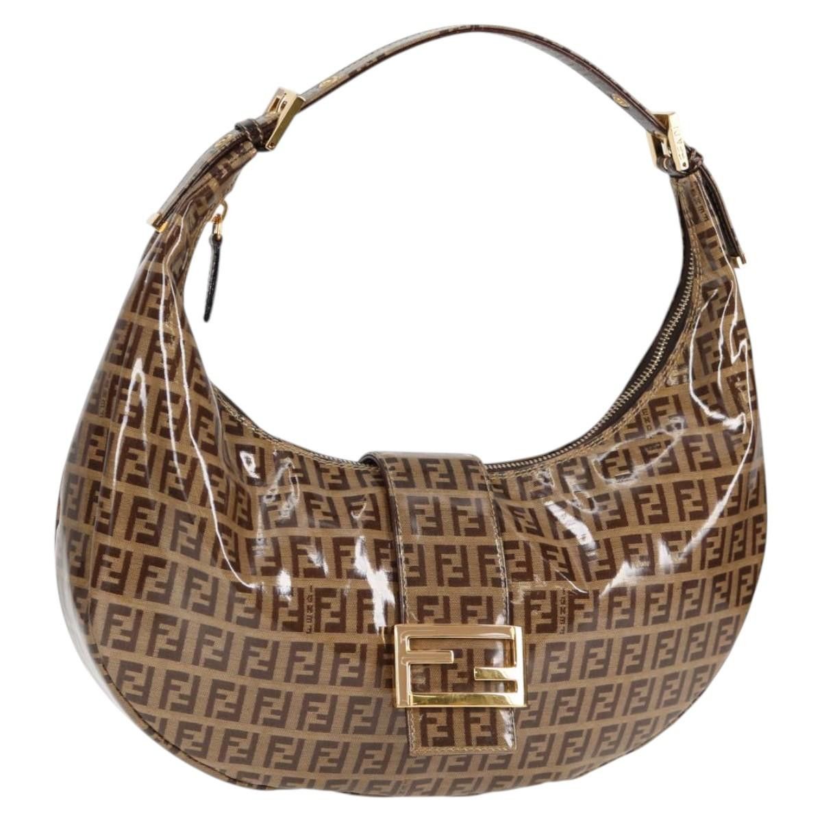 Fendi Zucchino Canvas Croissant Shoulder Bag Brown Auth 124539V, Women's