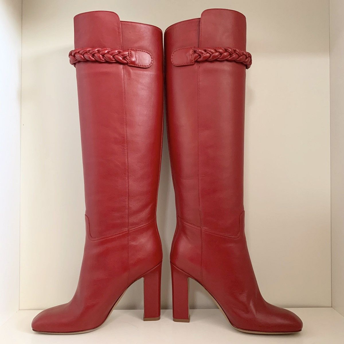 Red calfskin knee boots