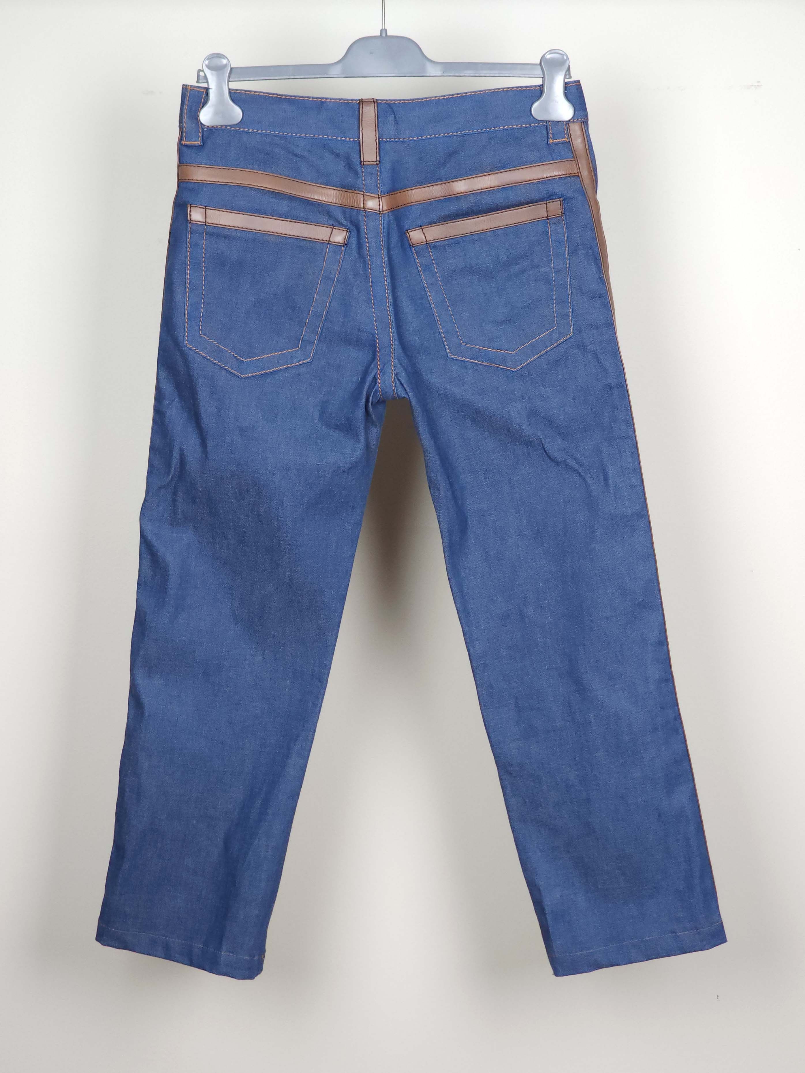 Prada S/S 2015 Unisex Brown Leather Trimmed Blue Jeans Pants Size US 31 - 4 Thumbnail
