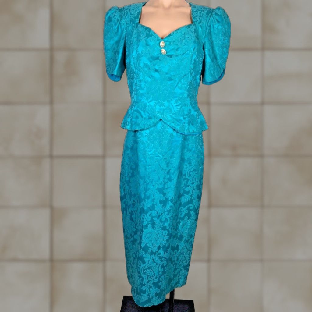 VINTAGE Scott McClintock Dress Women L Teal Damask Floral Gown Long Evening  Wedding VTG