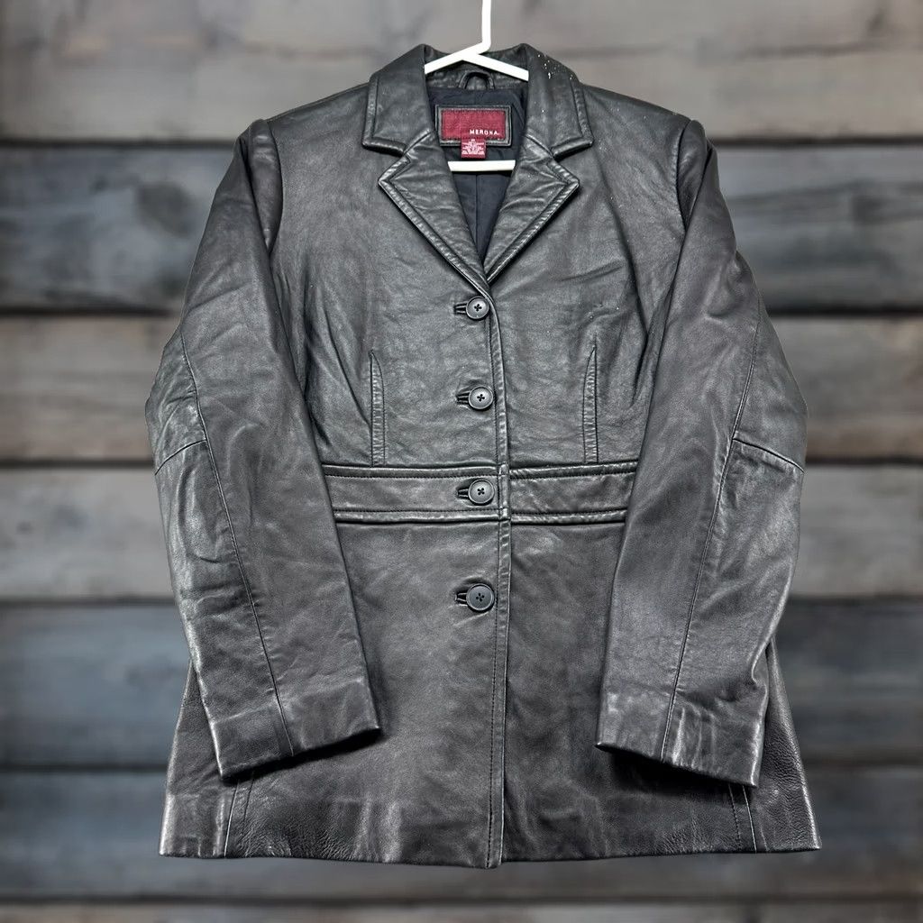 Merona VINTAGE Merona Leather Coat Womens M Black Overcoat 90s Womens Front Pockets Casual Business Satin? Size M / US 6-8 / IT 42-44 - 1 Thumbnail