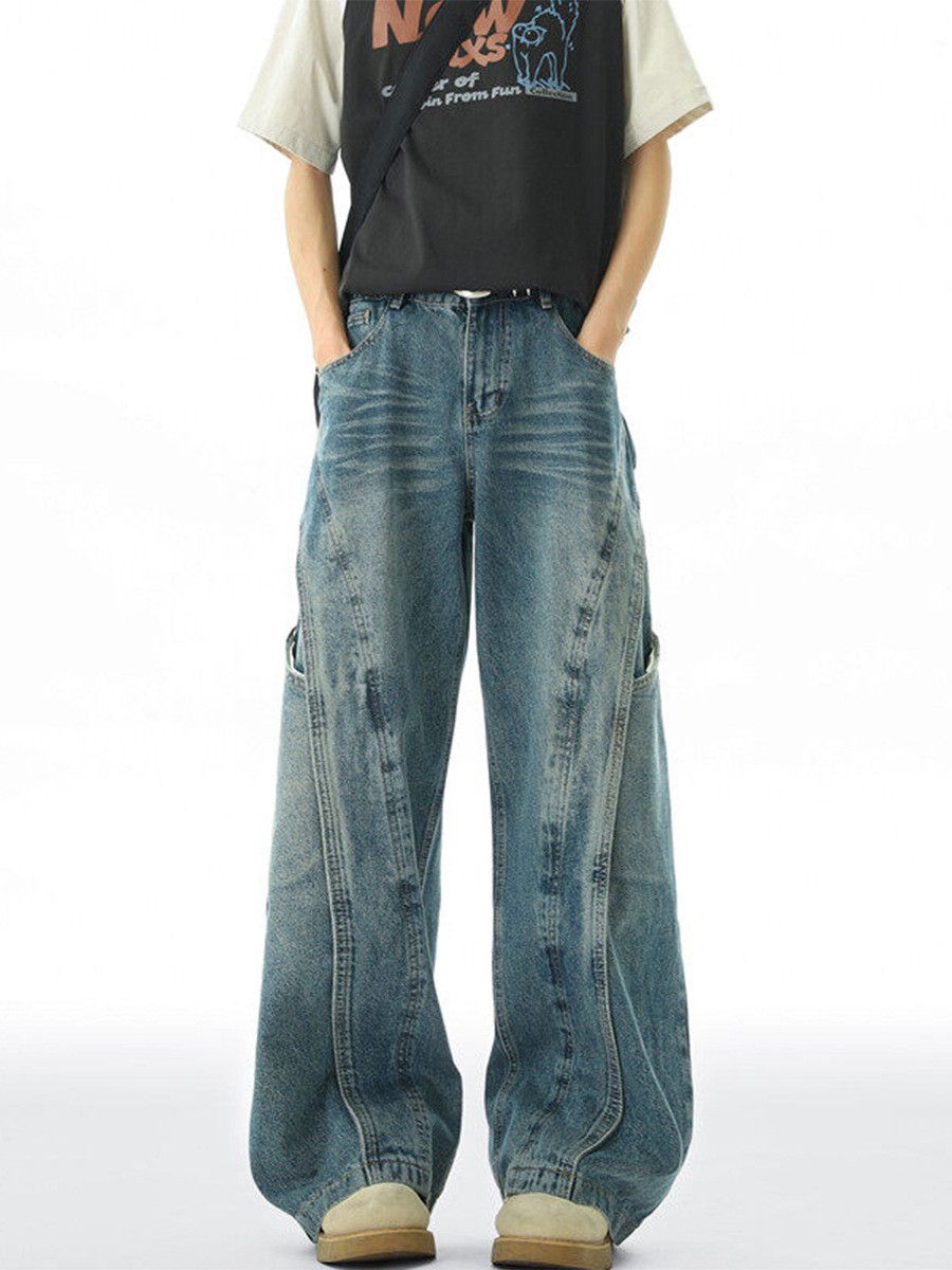 Vintage American men's loose retro patchwork washed curved jeans Size US 32 / EU 48 - 1 Thumbnail