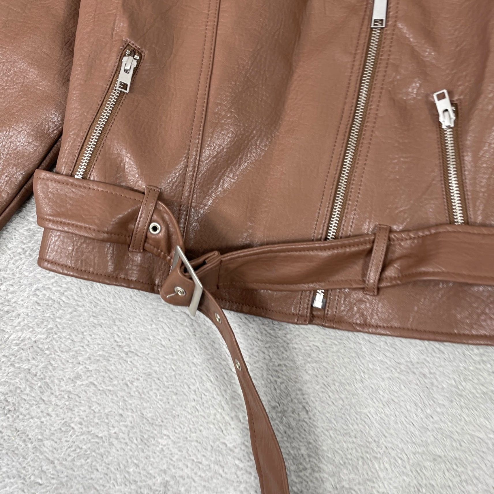 Old Navy Old Navy Moto Jacket Womens PS Small Brown Faux Leather Belted Biker Jacket Size S / US 4 / IT 40 - 4 Thumbnail