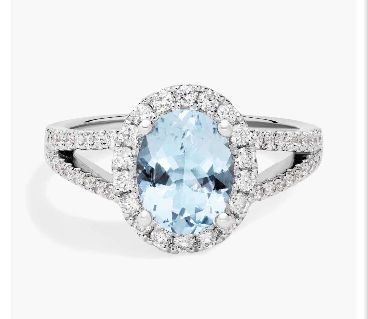 Other Oval Aquamarine And Diamond Halo Split Shank Ring (9x7mm) Size ONE SIZE - 1 Thumbnail