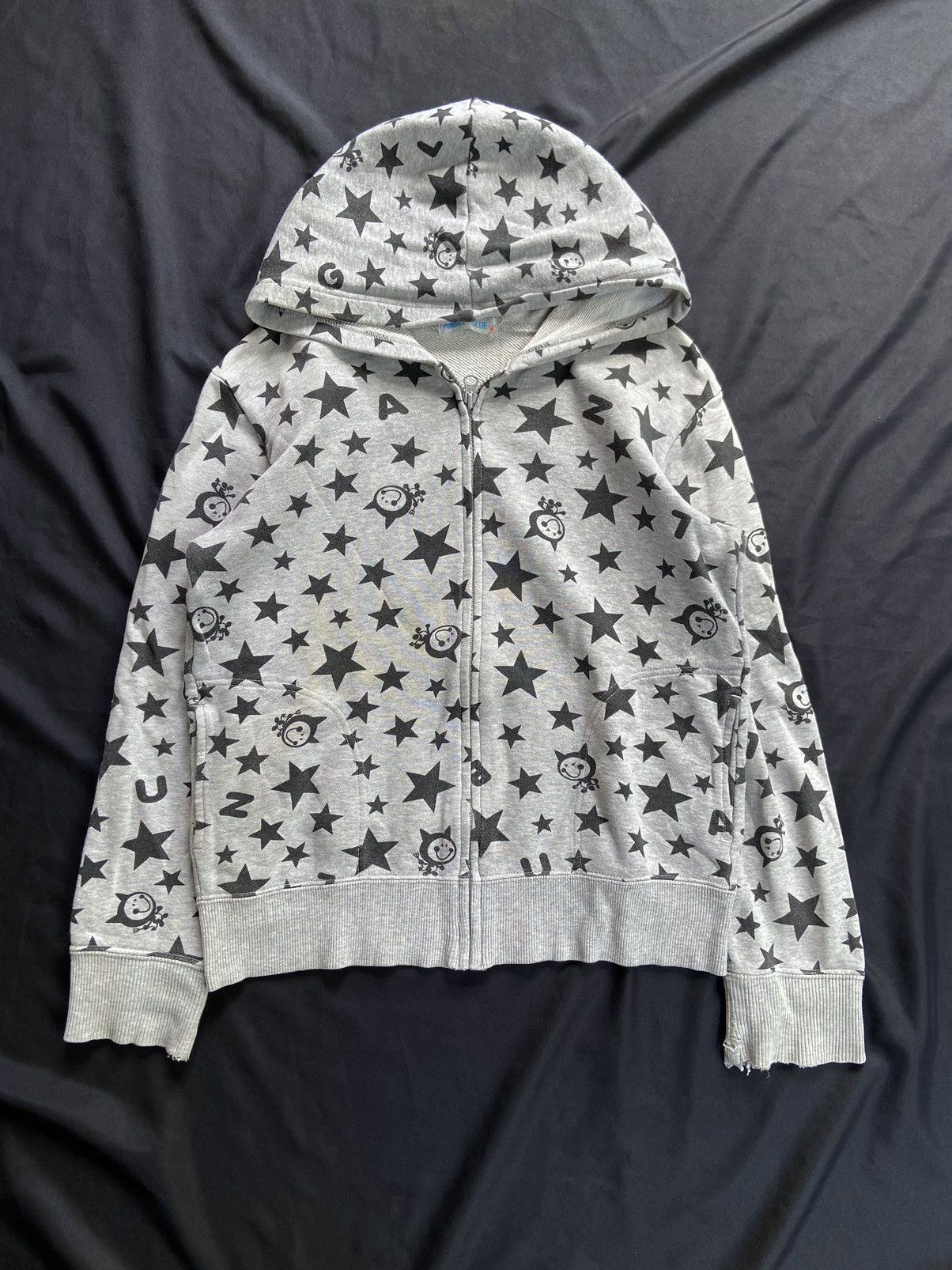 image of Angel Blue Trashed Stars Printed Zip Hoodie in Grey, Men's (Size Small)