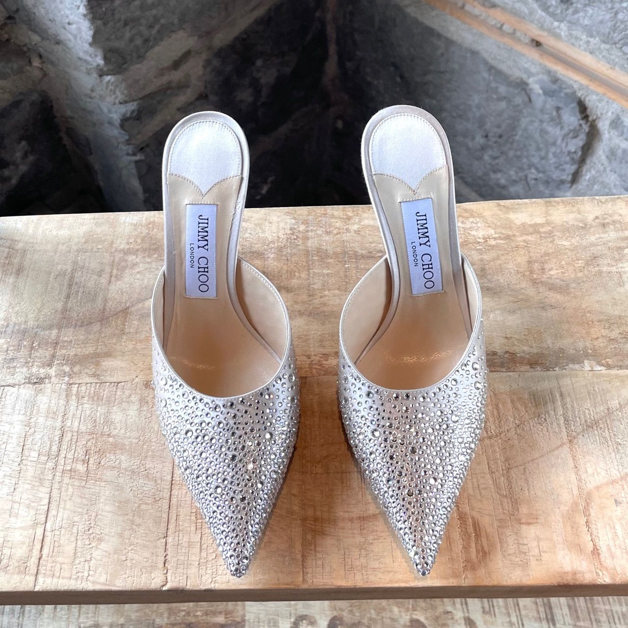 Jimmy Choo Jimmy Choo Crystal Embellished Satin Rav 100 Heeled Mules Size US 7.5 / IT 37.5 - 2 Thumbnail