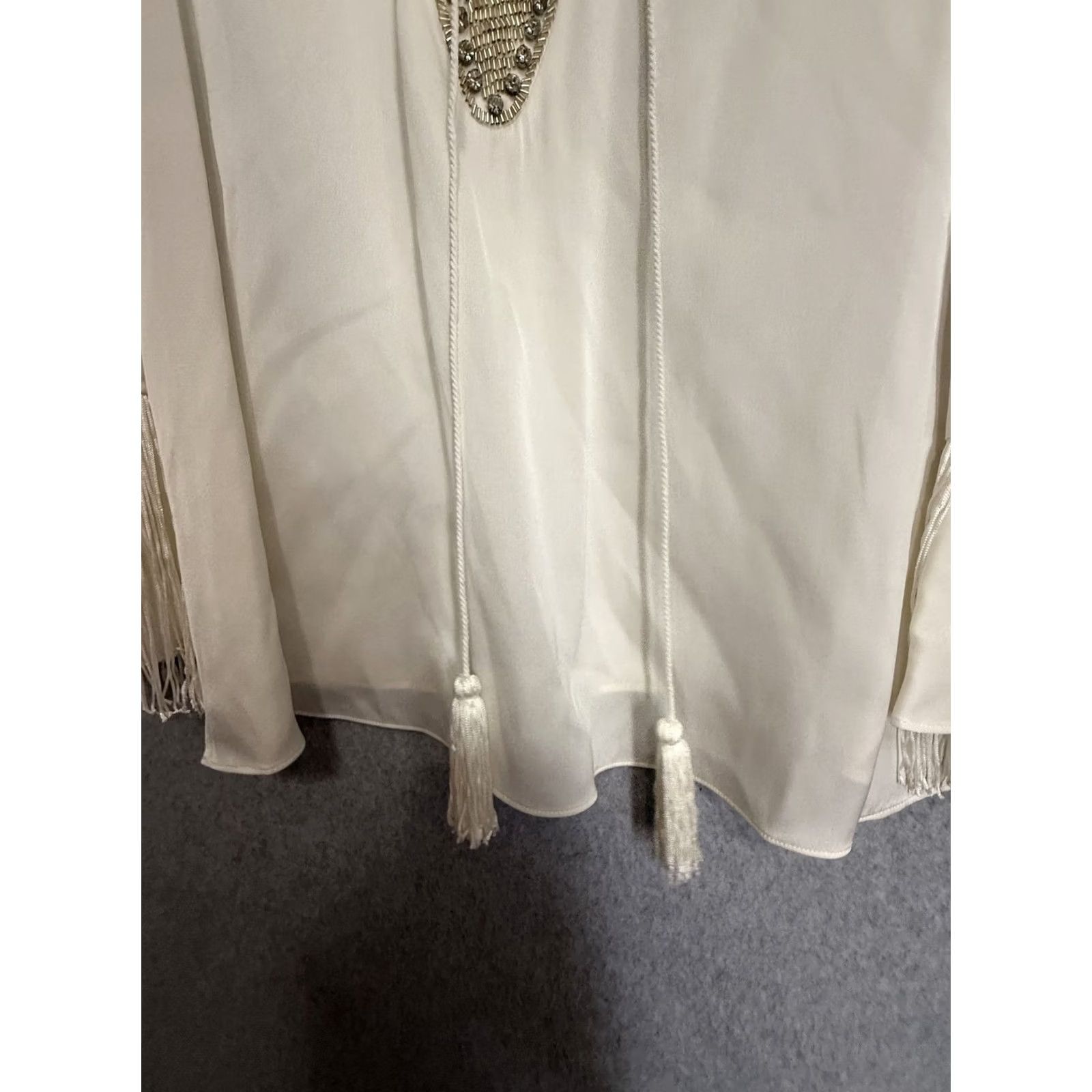 KOBI HALPERIN Kobi Halperin Blouse Womens Medium White Silk Fringe Rhinestone Boho Tunic Top Size M / US 6-8 / IT 42-44 - 4 Thumbnail