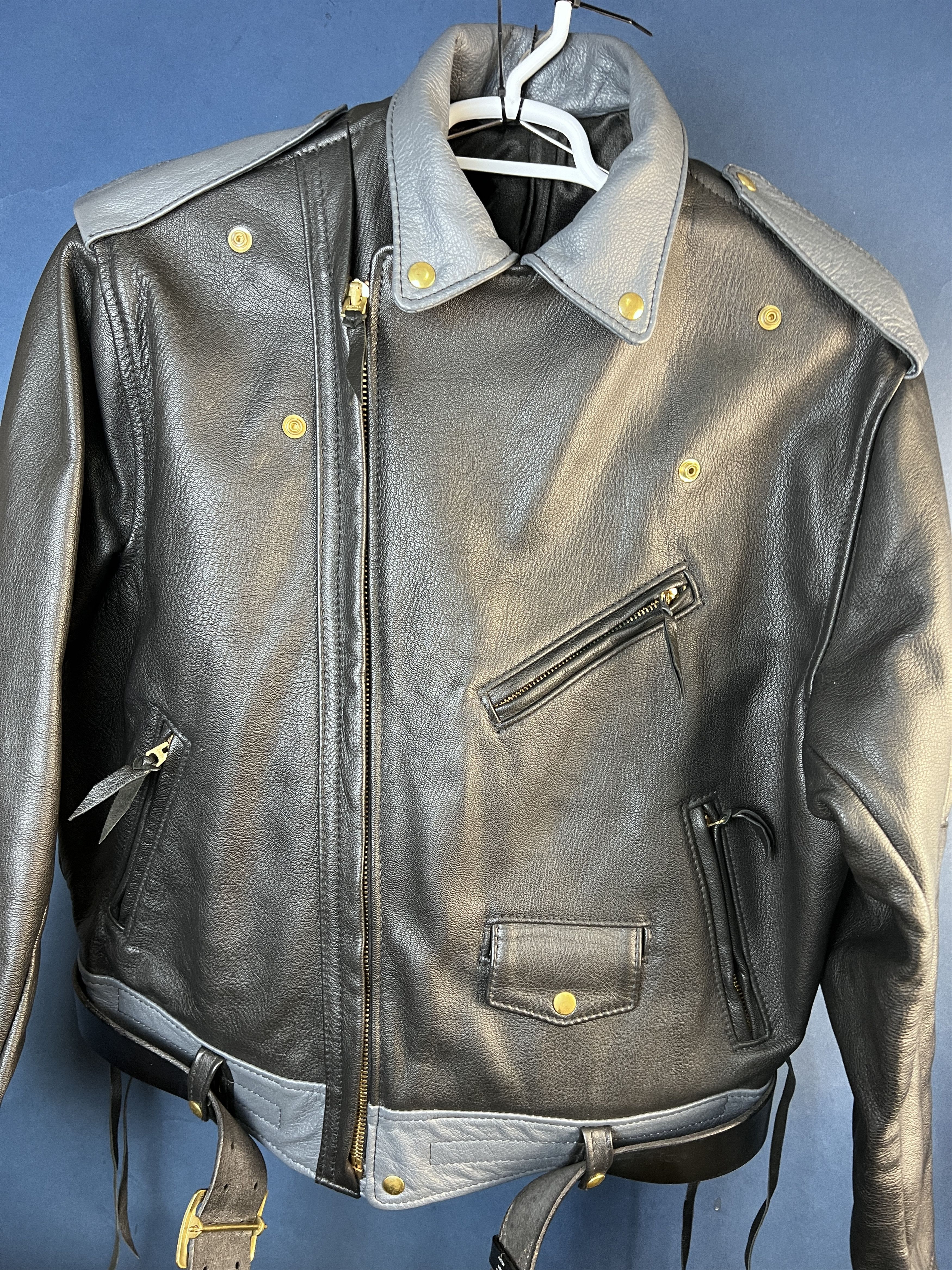 image of Vintage Langlitz Two-Tone Leather Jacket in Black/Blue, Men's (Size 2XL)