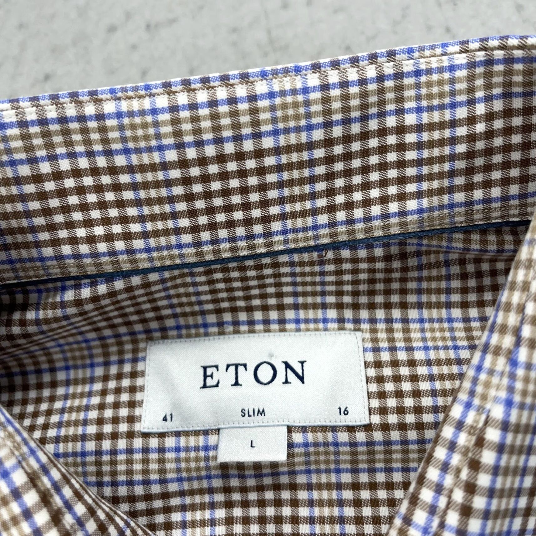 Eton Eton Shirt Mens 16 41 L Brown Blue Gingham Slim Cotton Button Down Dress Shirt Size 42R - 4 Thumbnail